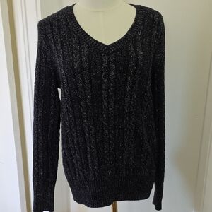 Style & Co. Black Metallic V-Neck Cable Knit Sweater